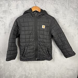 Carhartt Jacket Youth Medium Black Hooded Quilted Puffer Nylon Insulated Coat